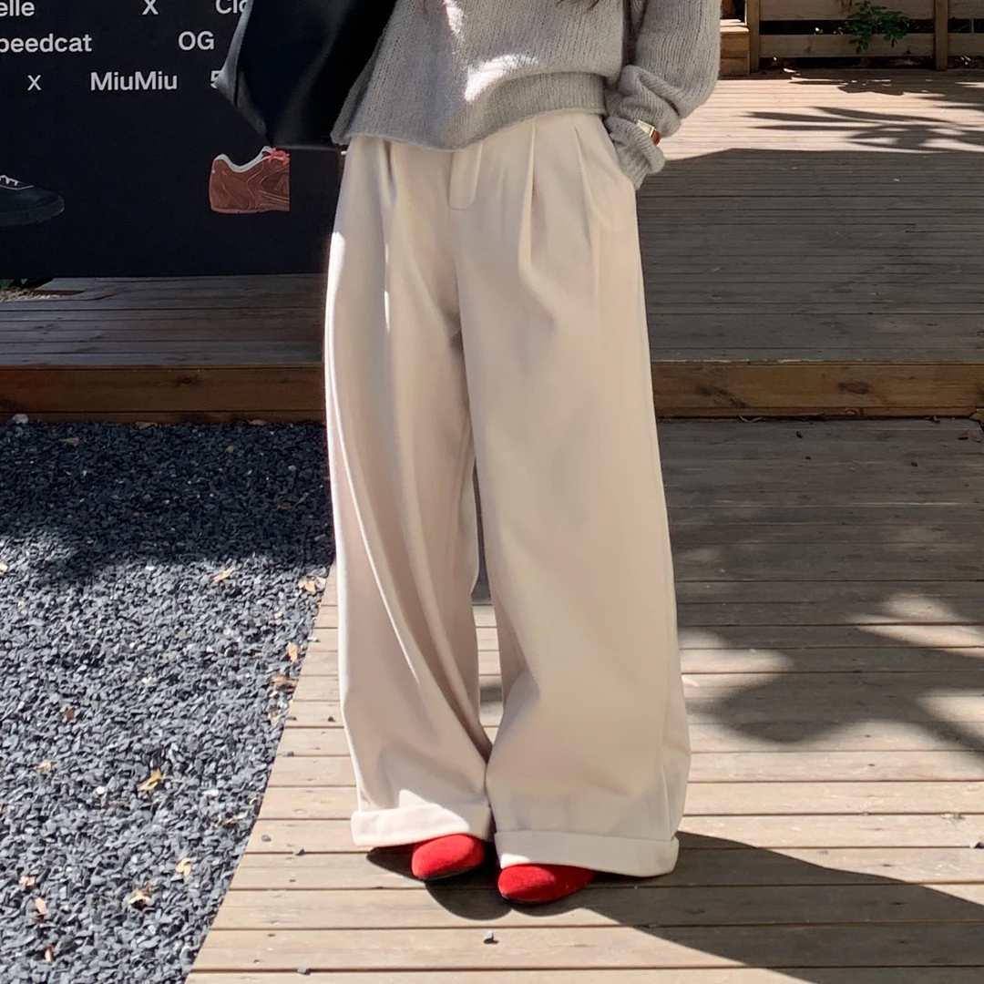 过冬王炸裤～韩系简约百搭毛呢复合银狐绒长款阔腿裤ins显瘦