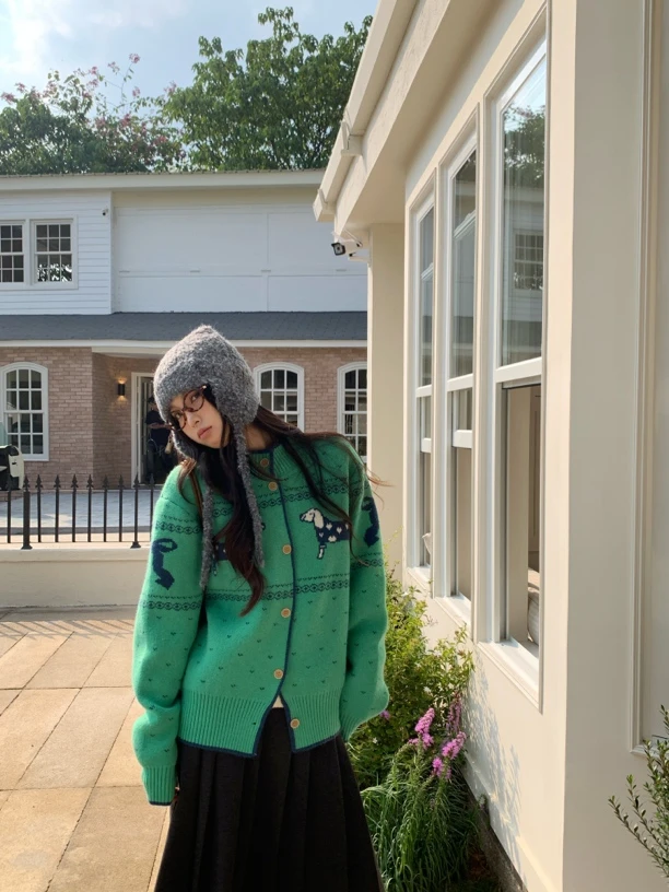 银河汽水～韩系复古狗狗小圆领毛衣开衫外套慵懒风撞色秋冬时尚