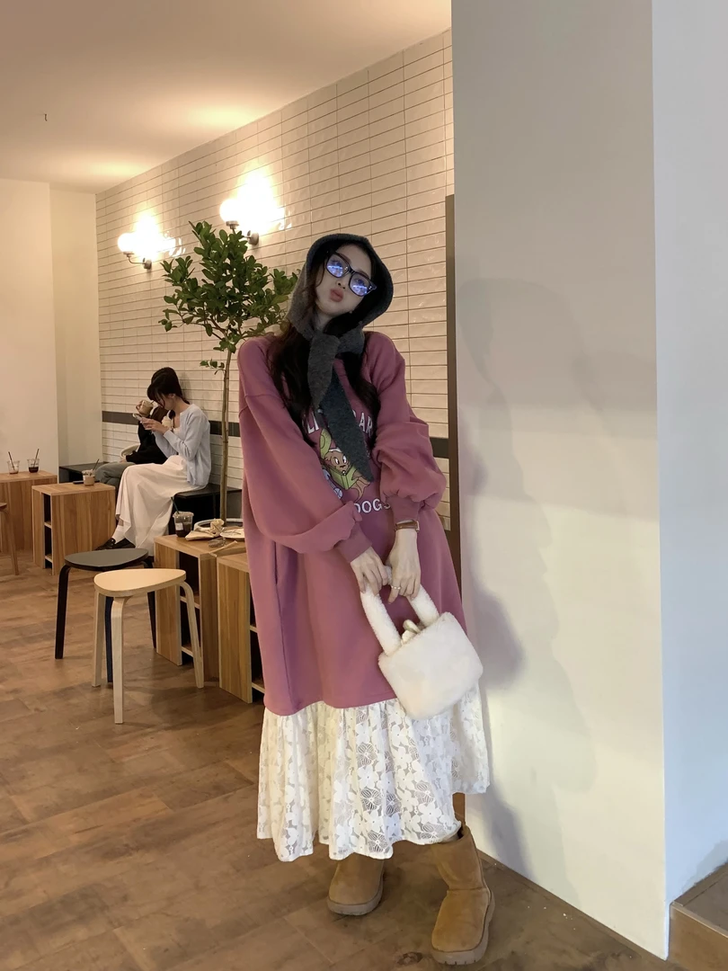 冬日童话镇～韩系复古圆领复合银狐绒卫衣蕾丝连衣裙慵懒冬季加厚