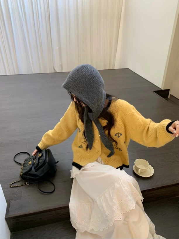 落日油画～韩系复古重工撞色刺绣毛衣外套时尚加厚慵懒风冬季