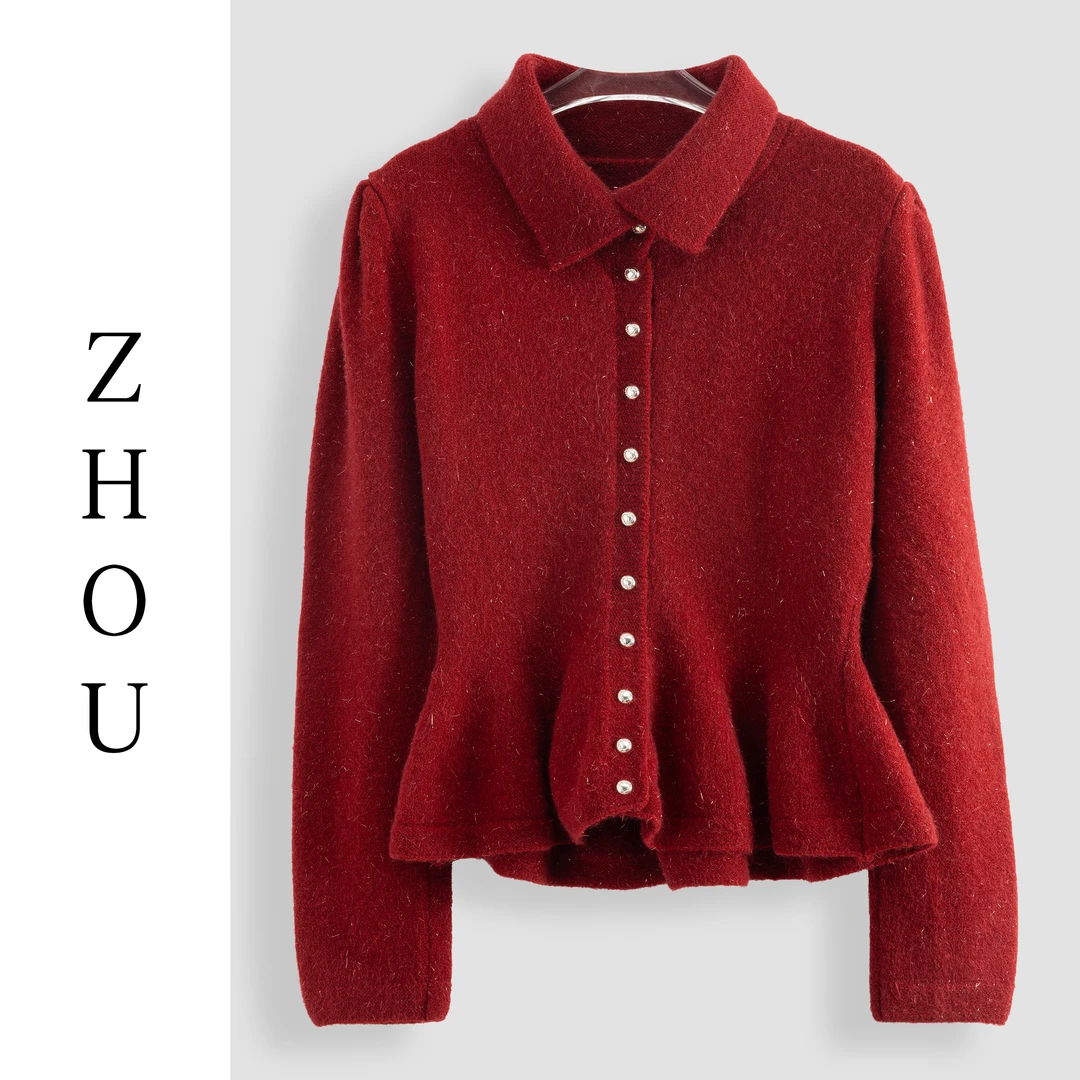 红色气质细闪Polo领长袖针织衫-18820