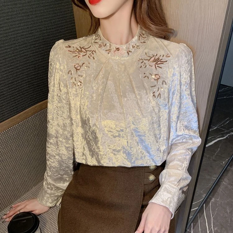 法式高端丝绒上衣打底衬衫女装2024早秋新款宽松时尚别致漂亮上衣