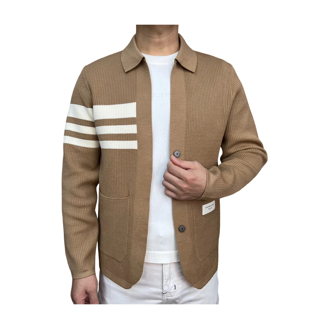 翻领针织外套男士秋冬款百搭休闲修身时尚提花长袖针织毛衣开衫