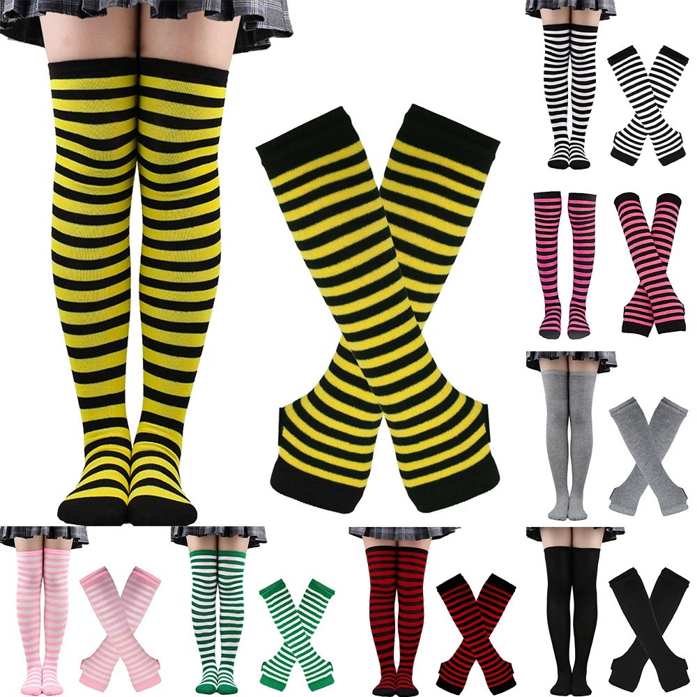M圣诞袜女万圣节socks高筒袜欧美节日cosplay条纹袜手套袜子 套装