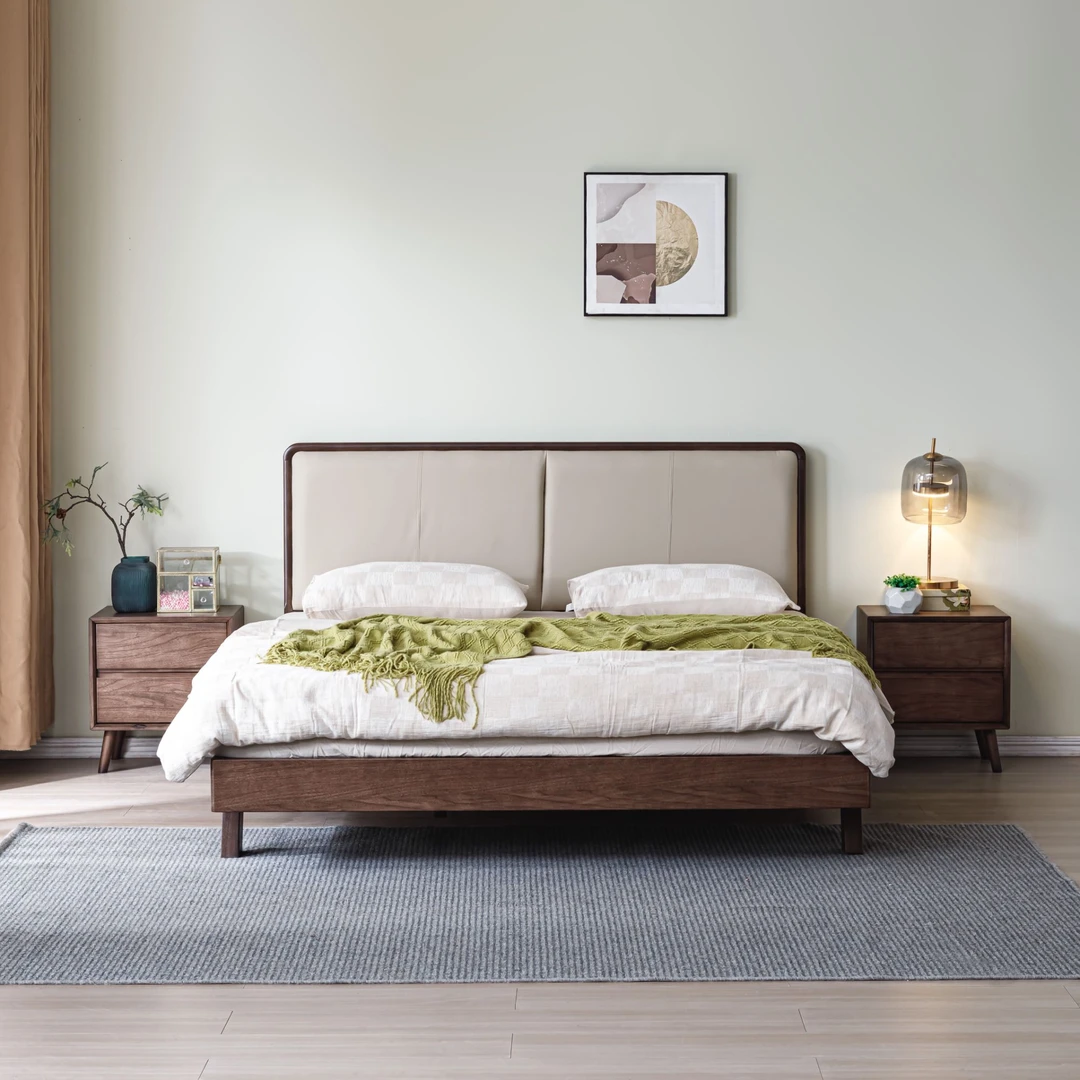 黑胡桃实木床悬浮床真皮软包豆腐块轻奢简约主卧室单人双人床