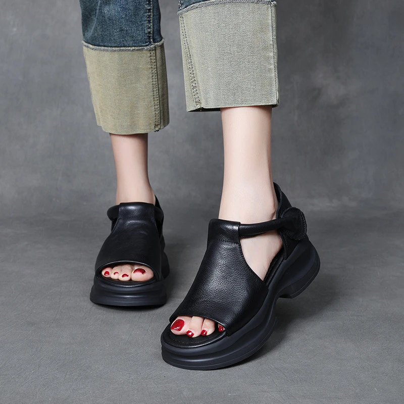 5cm时尚耐磨手工包根魔术贴厚底超轻凉鞋夏季女士中空松糕凉鞋