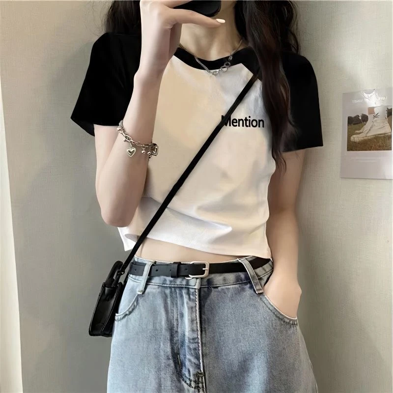 100%纯棉2023新款设计感小众黑白正肩短袖t恤女辣妹短款上衣夏