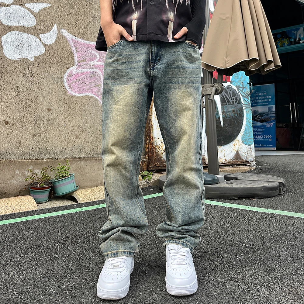 south美式国潮夏季街头潮流百搭宽松直筒休闲水洗做旧牛仔长裤男