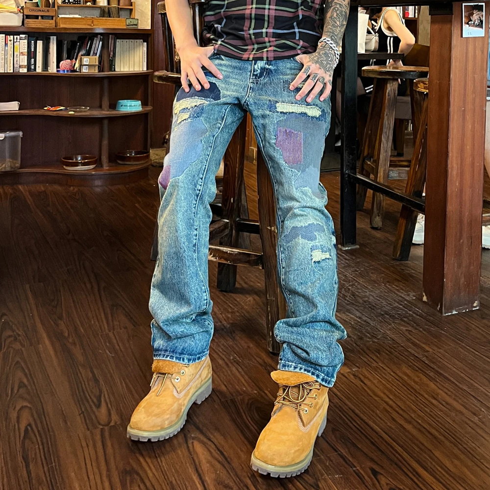 秋季高街潮牌重工做旧拼接个性破洞牛仔裤男款贴布直筒宽松长裤