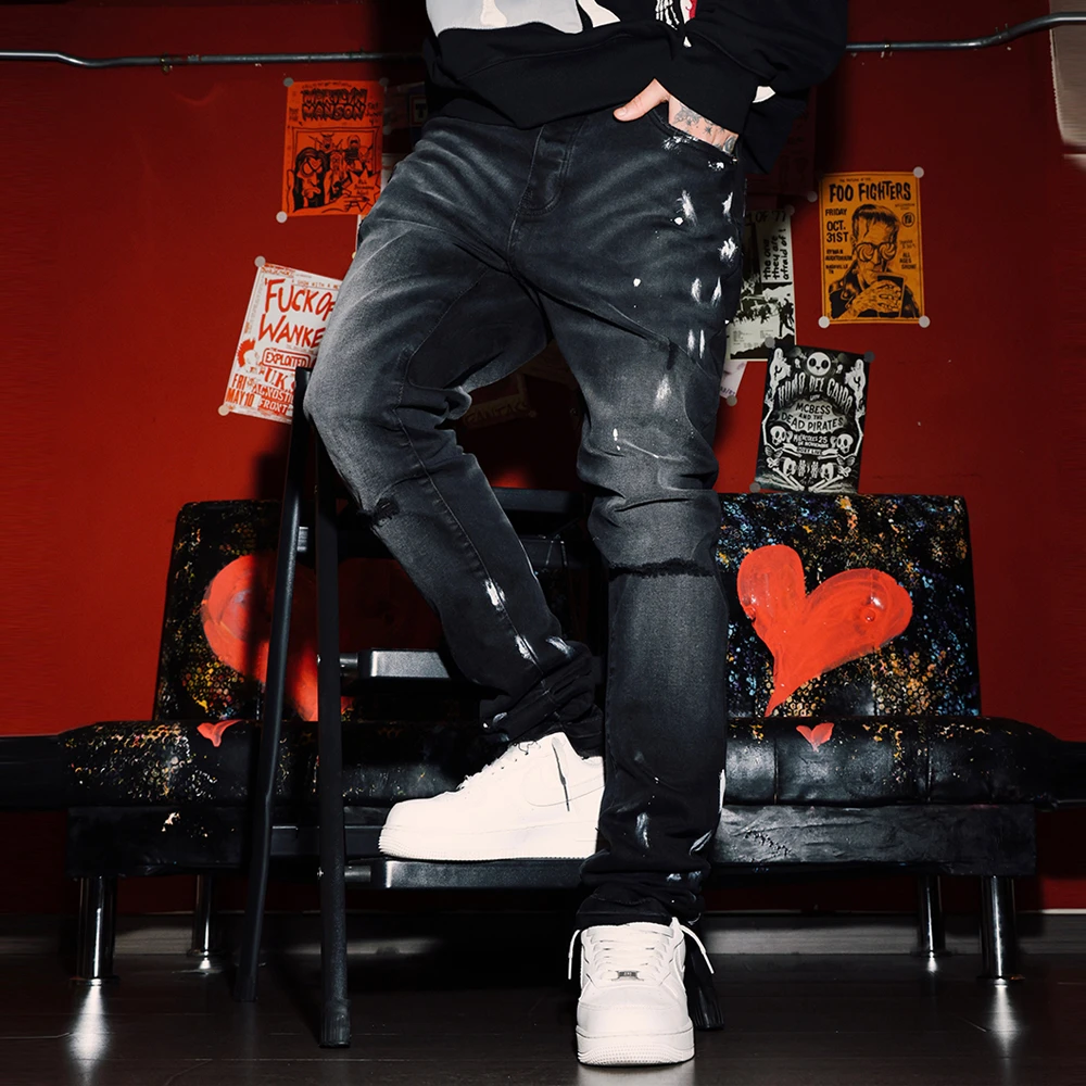 south泼墨美式高街一字破洞牛仔裤男款修身弹力个性潮牌小脚裤子