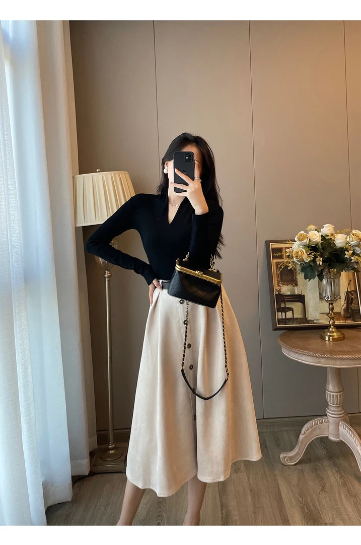 麂皮绒半身裙两件套百搭高腰遮胯显瘦a字大摆伞裙08818