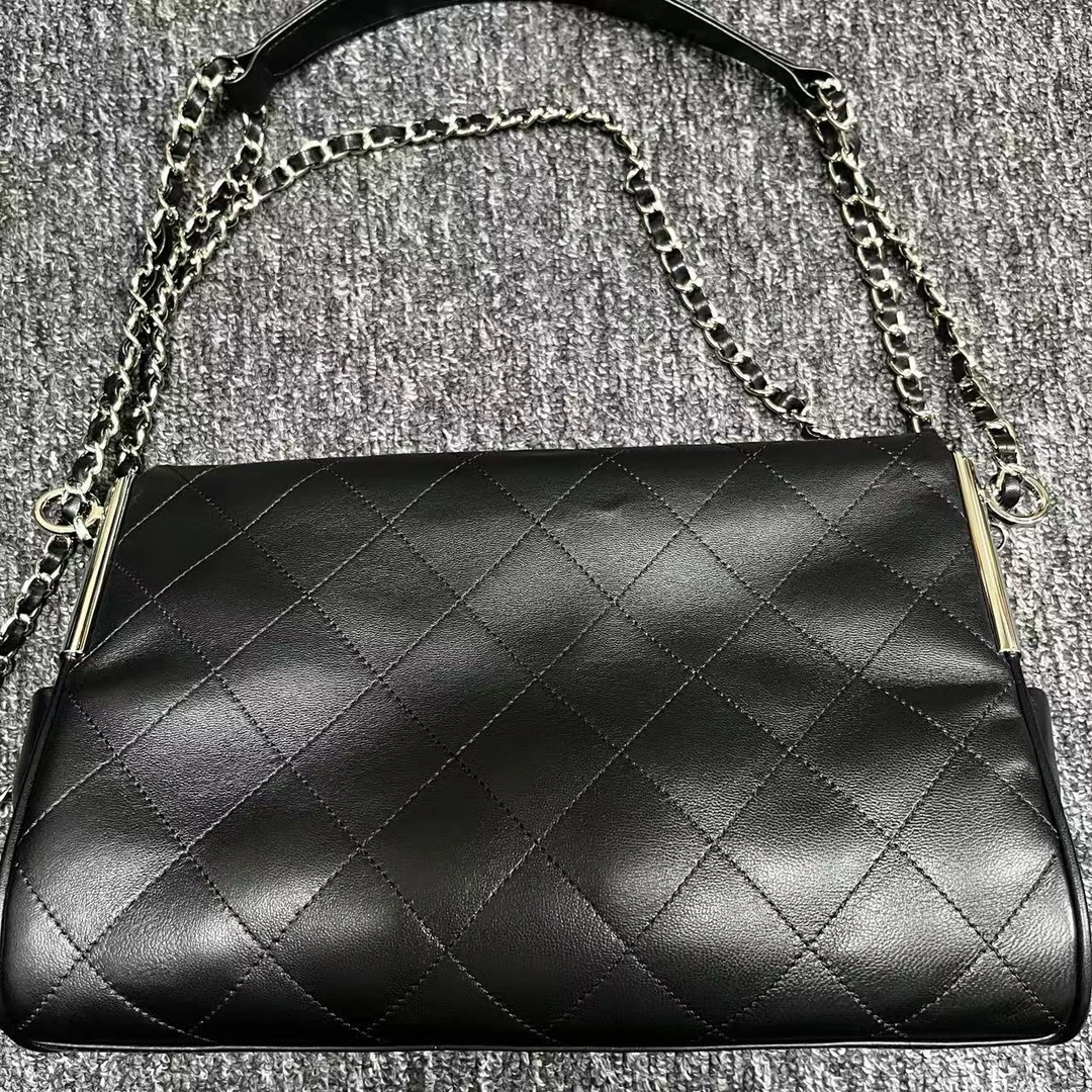 姝宴真皮女包半折叠菱格黑色