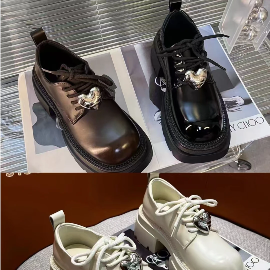 2024早春新款厚底松糕底英伦风系带黑色爱心小皮鞋3133-11