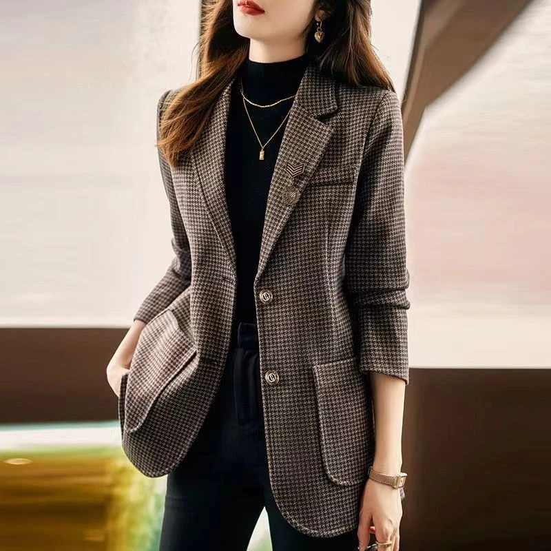 高极感复古格子小西装外套女春秋新款韩版气质休闲百搭千鸟格西服