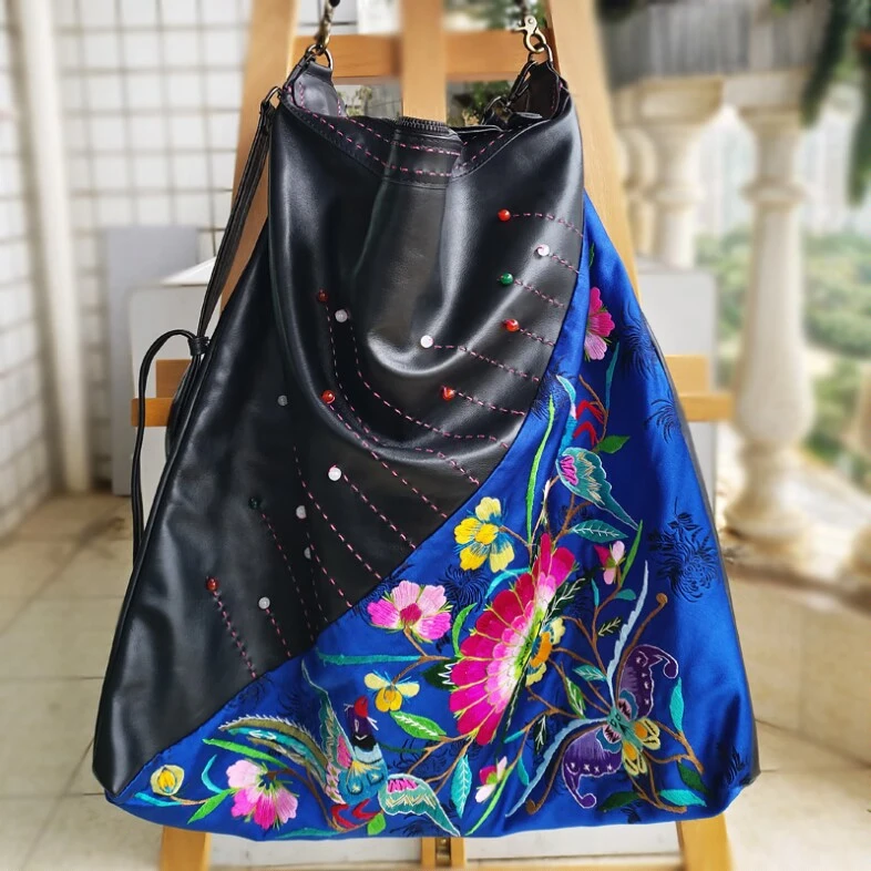 精品老绣包松桃绣复古头层牛皮手工刺绣包民族文化创意女包