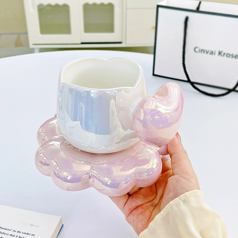 立体爱心造型炫彩珠光杯碟套装 网红少女心家用喝水杯