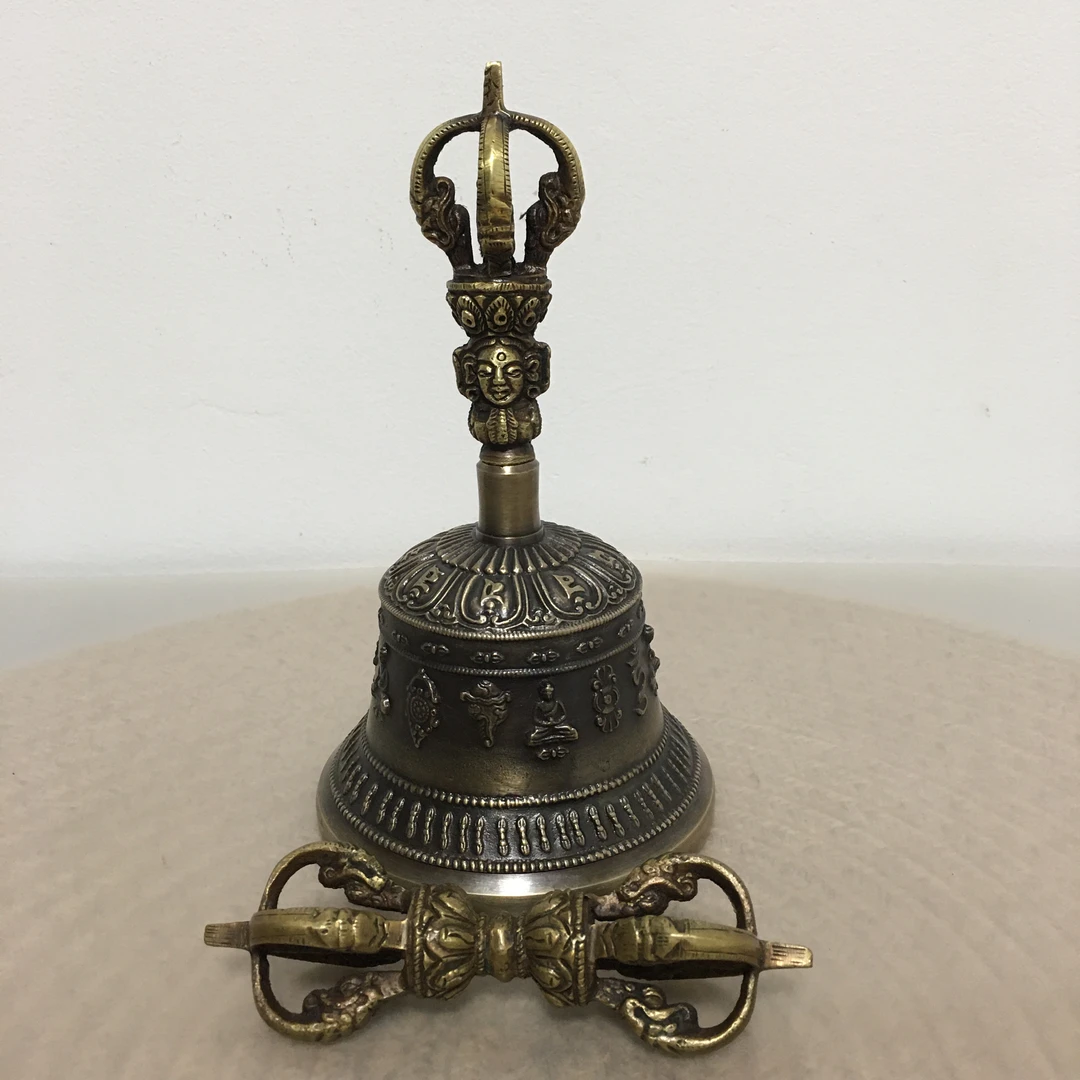 尼泊尔 五股手工青铜铃 铜摆件 口径10公分复古