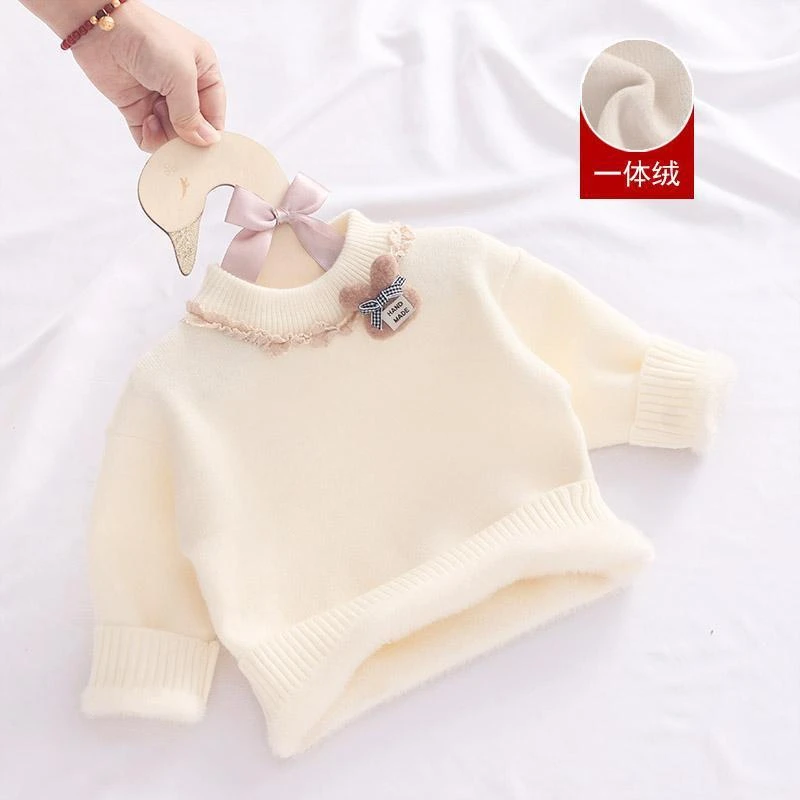 女宝宝冬装一体绒毛衣女童针织衫套头中领加绒加厚婴儿打底衫公主