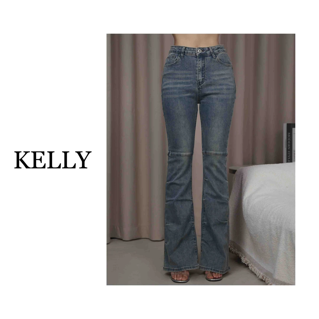 KELLY/酷辣御姐/超模微喇裤/长腿辣妹牛仔裤/显瘦捏褶高腰裤