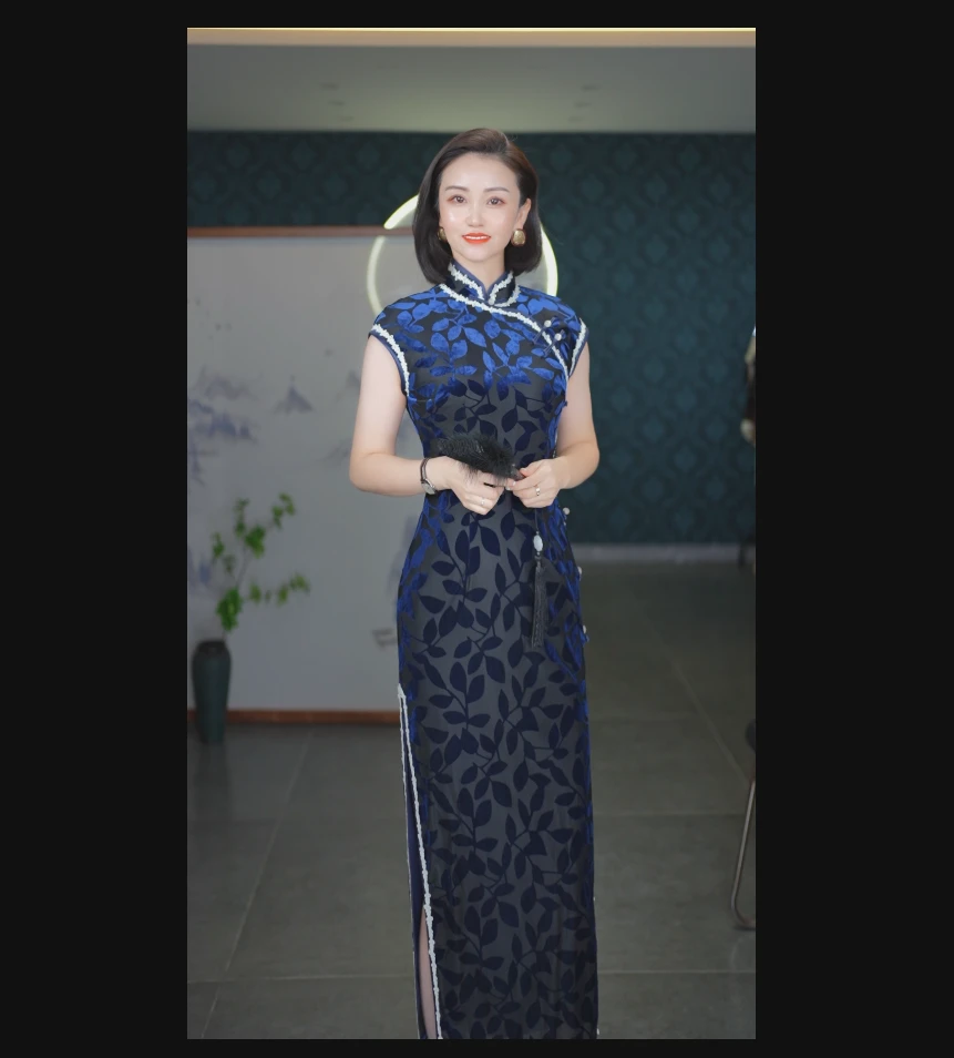 新款2025高端无袖优雅气质中国风长款旗袍蓝色日常修身显瘦高级感