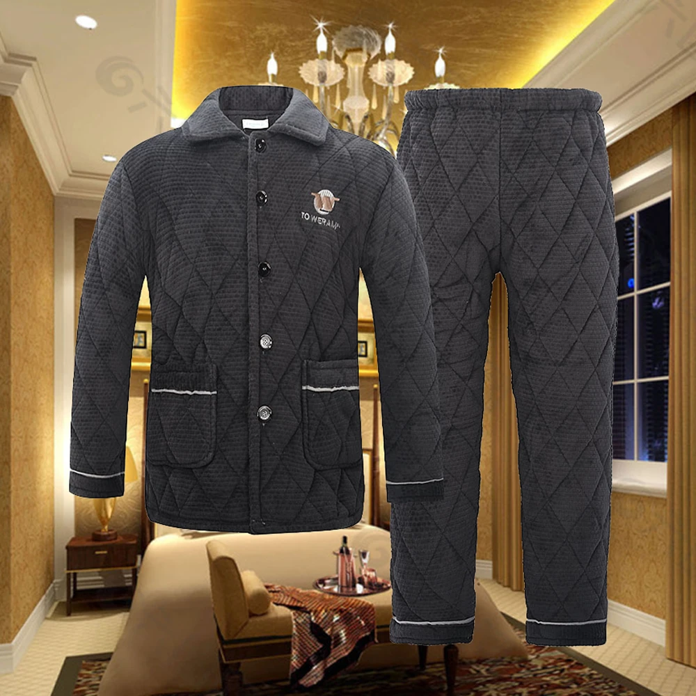 睡衣男士冬季珊瑚绒青年三层加厚加绒夹棉袄保暖法兰绒家居服套装