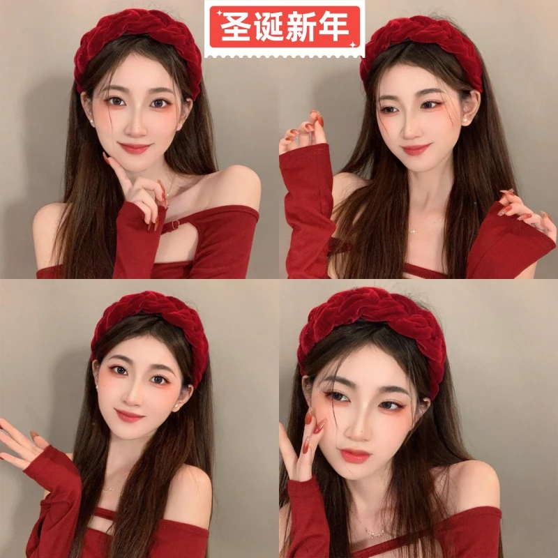 圣诞新年~酒红丝绒麻花辫发箍女款高颅顶头箍2025年新款头饰