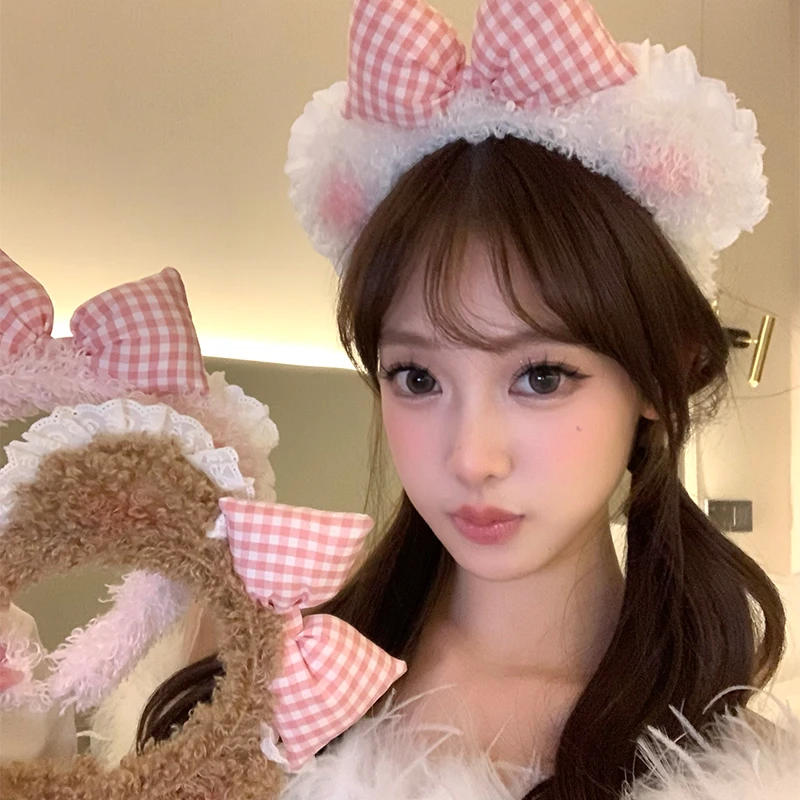 蝴蝶结毛绒可爱小熊秋冬蕾丝边发箍女洗脸头箍高颅顶发卡高级感