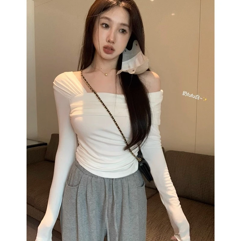 一字肩长袖针织衫女2024春秋季别致修身气质短款打底衫上衣