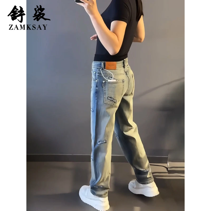 秋冬新款潮牌男装轻奢大码男士显瘦阔腿牛仔裤设计感蓝色休闲长裤