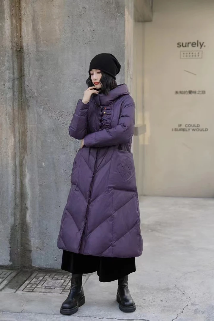 冬季国风复古盘扣连帽长款过膝韩版时尚休闲宽松版宽松羽绒服女