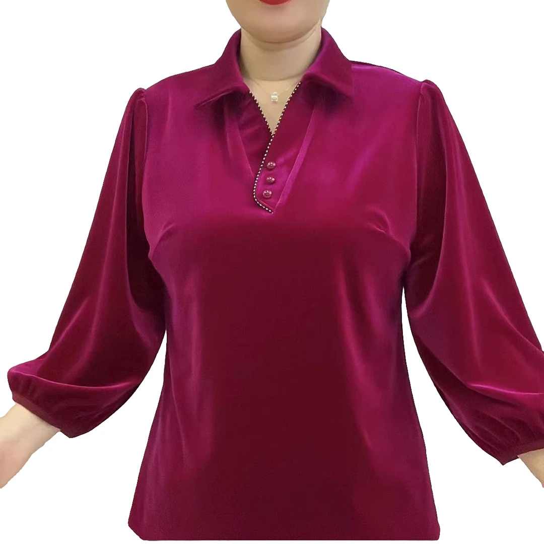 新款时尚洋气三粒扣翻领丝绒衬衫