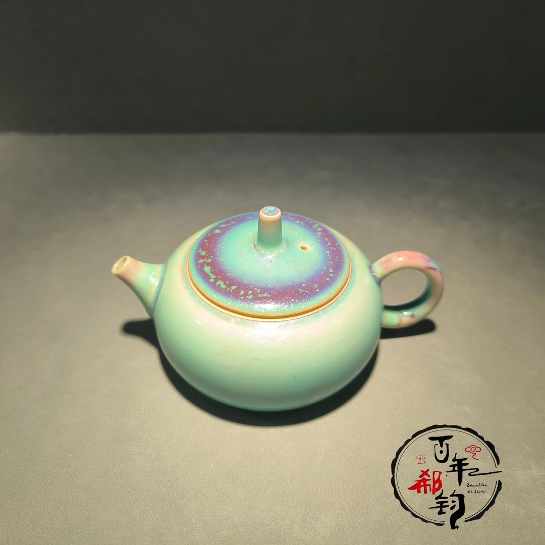 百年郗钧郗家窑纯手工炭烧孤品钧瓷窑变 晚霞青花瓷泡茶壶