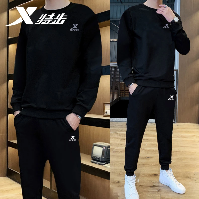 特步套装男装秋冬保暖卫衣长裤男大码宽松长袖跑步冬季运动两件套