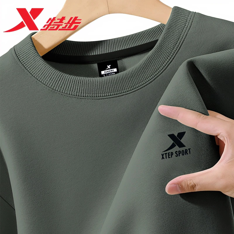 特步卫衣男2025秋冬新款加绒加厚圆领官方旗舰纯色打底运动上衣男