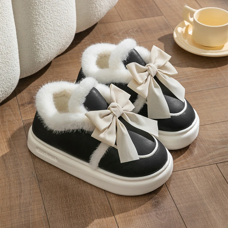 保暖毛毛鞋女外穿简约PU皮拖鞋防滑加绒加厚冬季毛绒棉鞋室外包跟