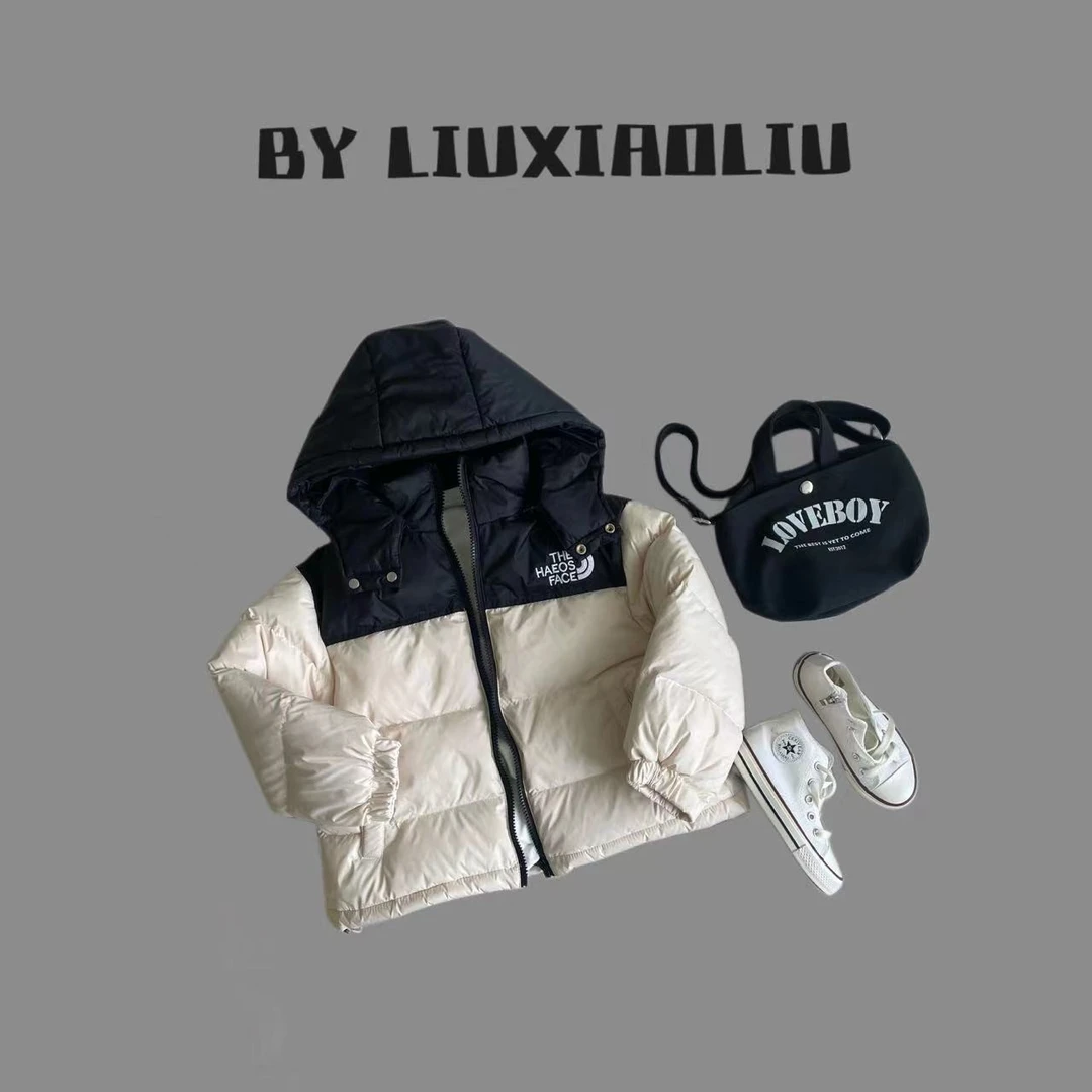 by liuxiaoliu 【体育生】儿童潮酷字母刺绣拼色连帽羽绒服7040