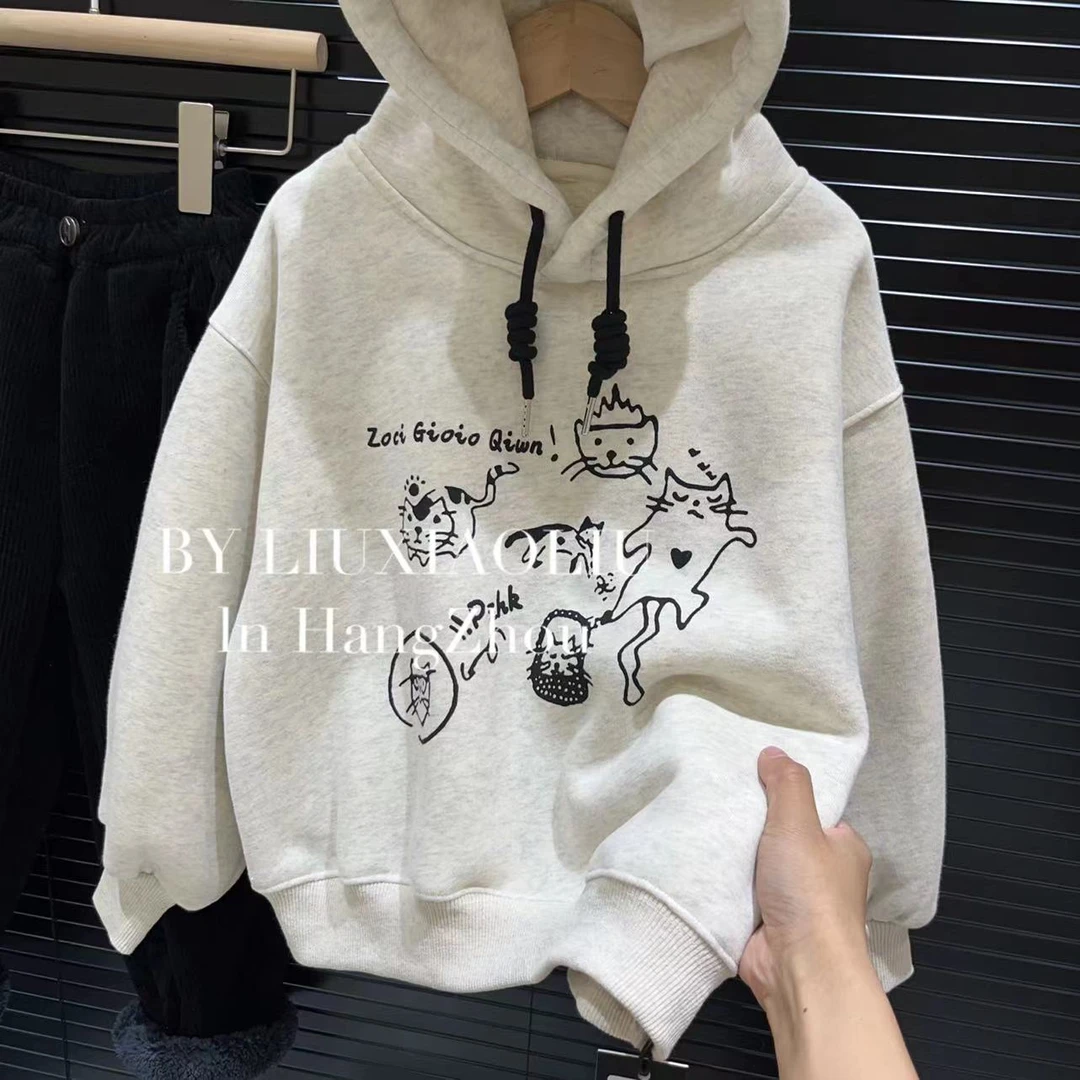 BY LIUXIAOLIU【猫咪星球】韩版高货秋冬季儿童加绒连帽卫衣9252