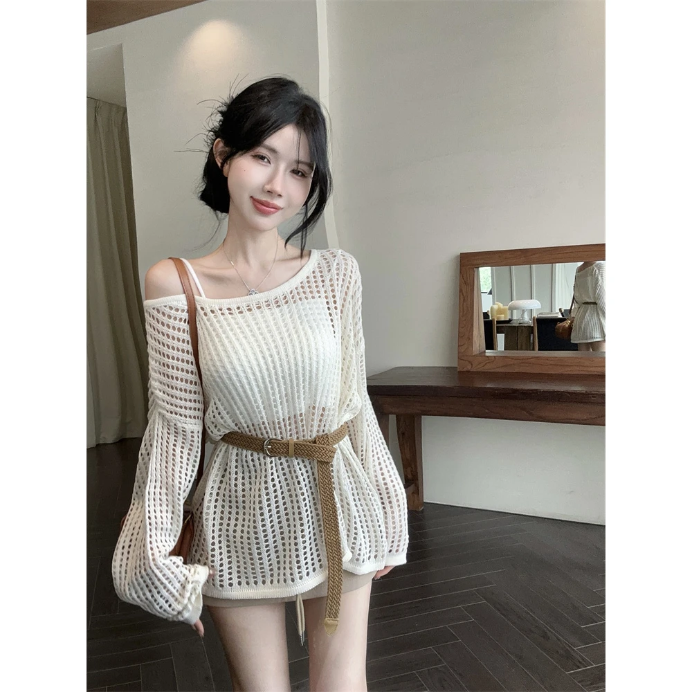 温柔风辣妹宽松慵懒气质百搭长袖镂空针织罩衫雪纺衫女装秋季新款