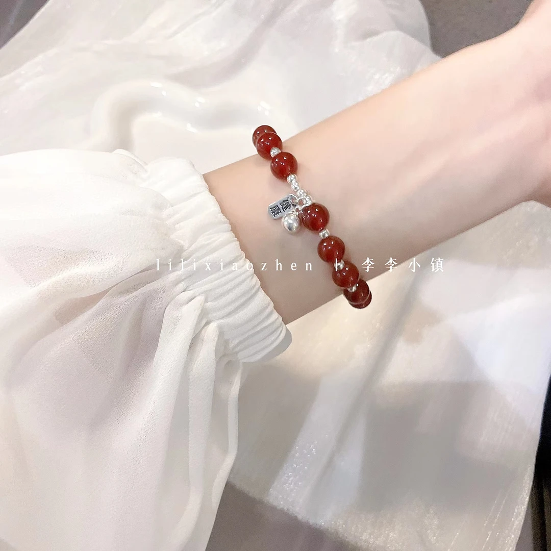 天然红玛瑙铃铛手链女925银不掉色百搭闺蜜款生日饰品单圈精致ins