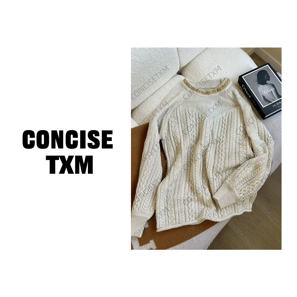 【唐小木】绣珠毛衣 冬季时尚百搭圆领宽松复古毛衣 S0766