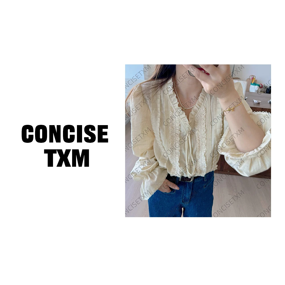 【唐小木】早秋设计感时尚简约气质泡泡袖花边衬衣  S0622