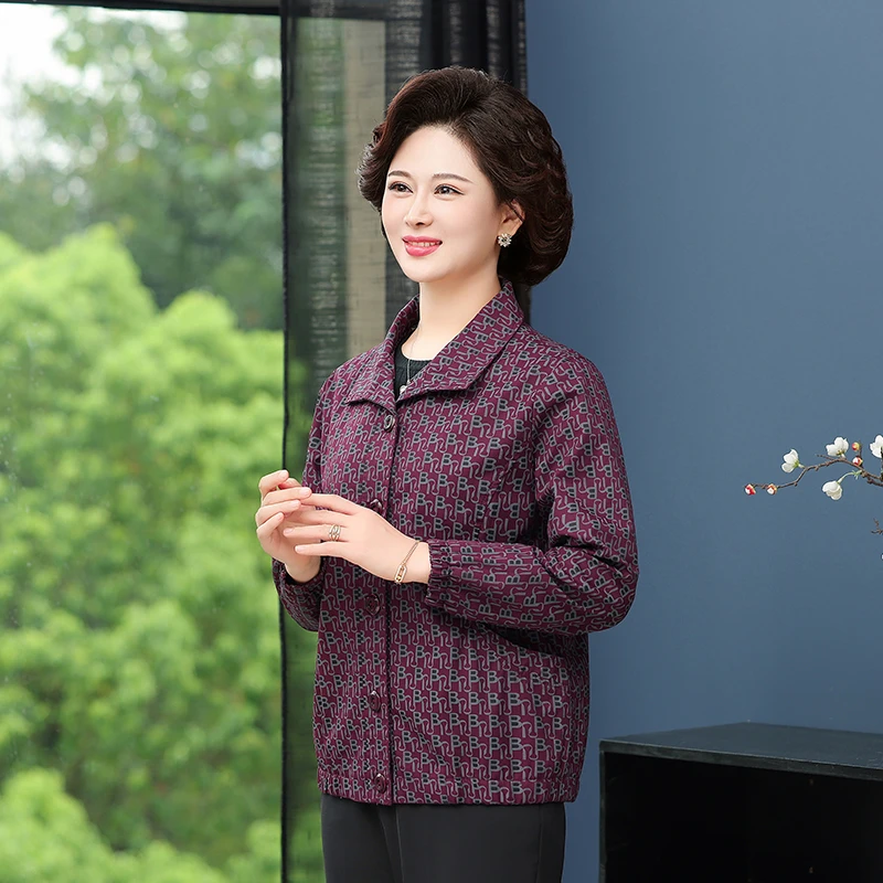 时尚妈妈装春秋外套宽松大码中老年女装夹克碎花奶奶装开衫上衣新