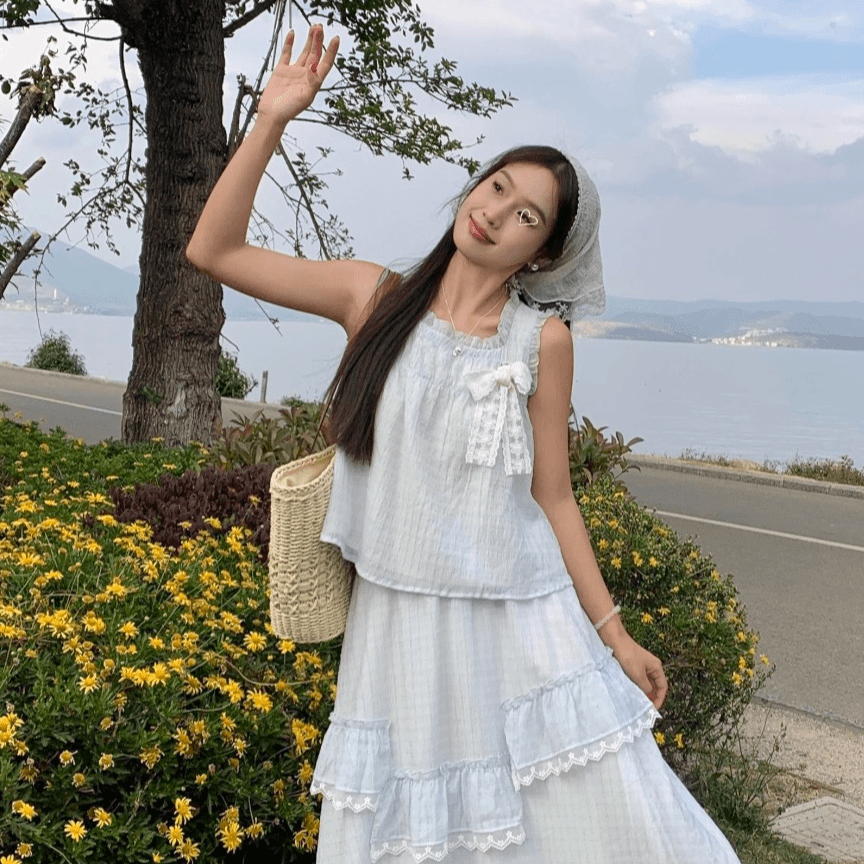 8163-温柔系炸街奶乖套装甜美蝴蝶结花边无袖背心女半身裙两件套