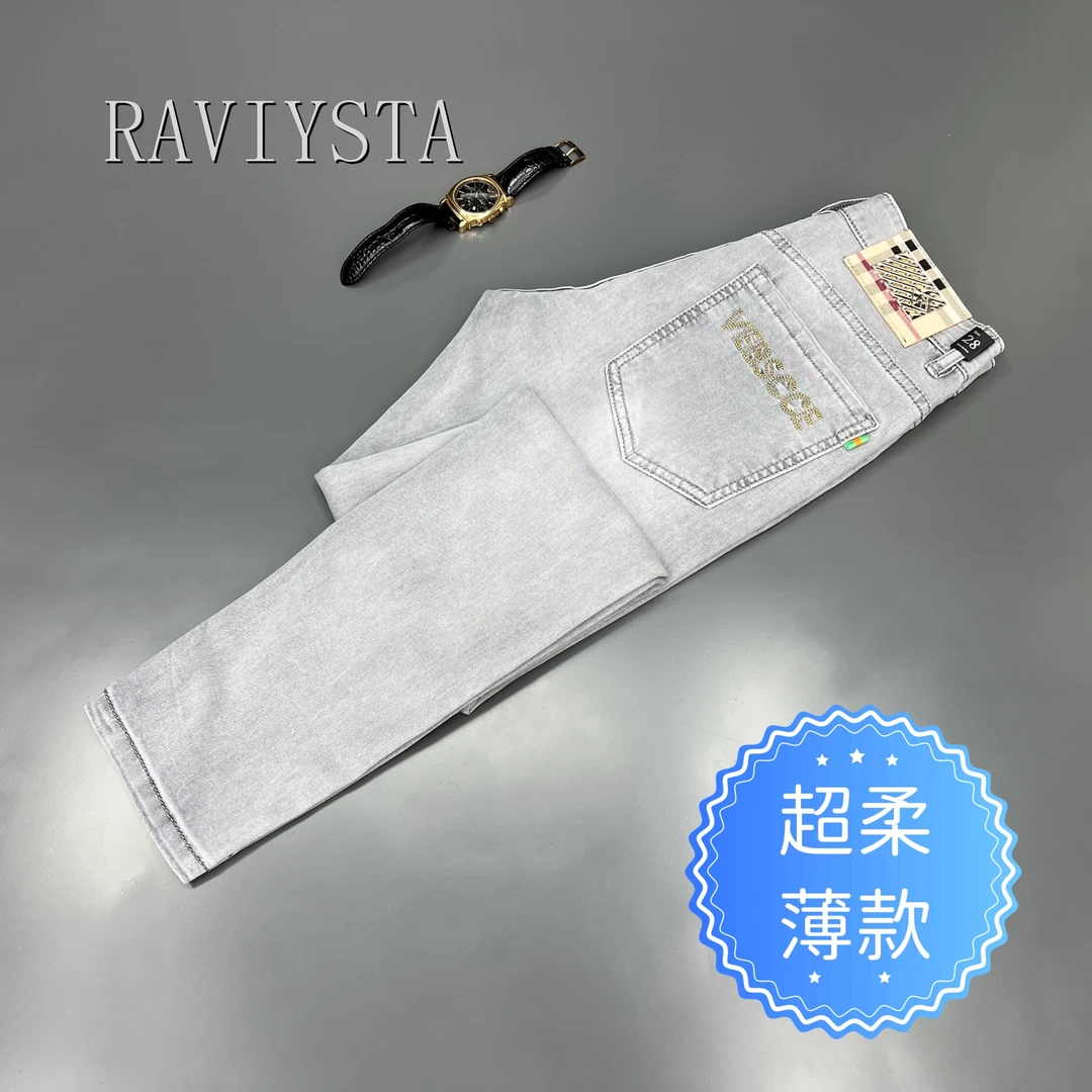 RAVIYSTA668超柔夏季薄款男士牛仔裤修身小直筒水洗白云灰透气