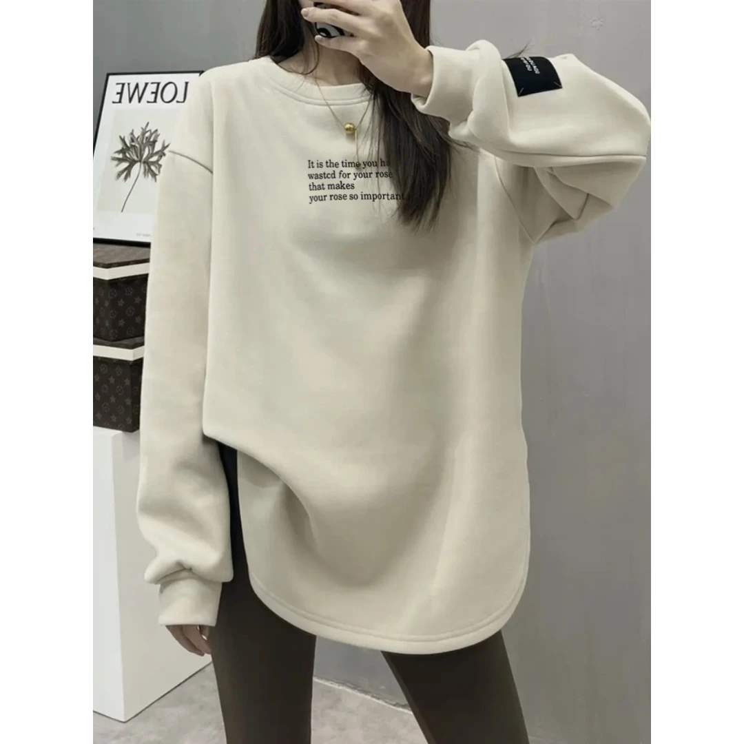 日本加绒加厚长袖t恤女宽松中长款打底衫秋冬内搭2023新款上衣欧