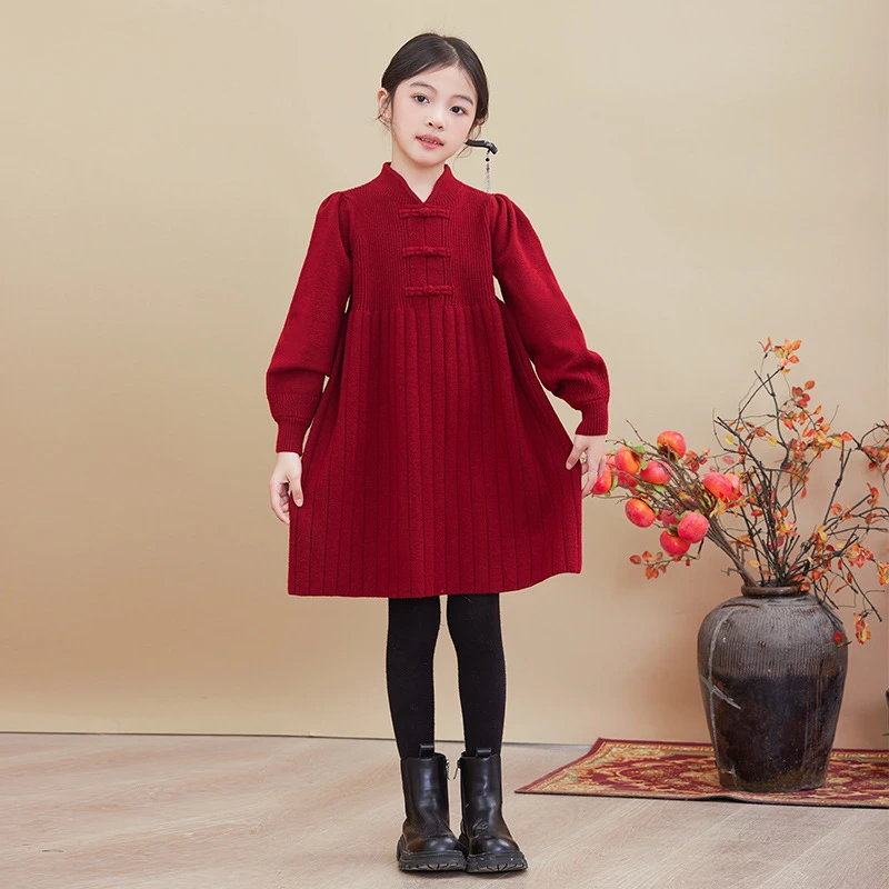 女童连衣裙秋冬加厚毛衣裙洋气小女孩中国风拜年服中大童汉服裙子