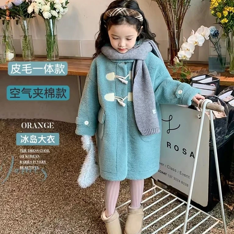 女童冬季新款加厚毛呢外套儿童过膝双面皮毛一体大衣中长款毛毛衣