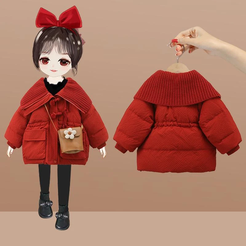 女童棉服冬装2023新款女宝宝加厚保暖红色外套中小童冬季洋气外套