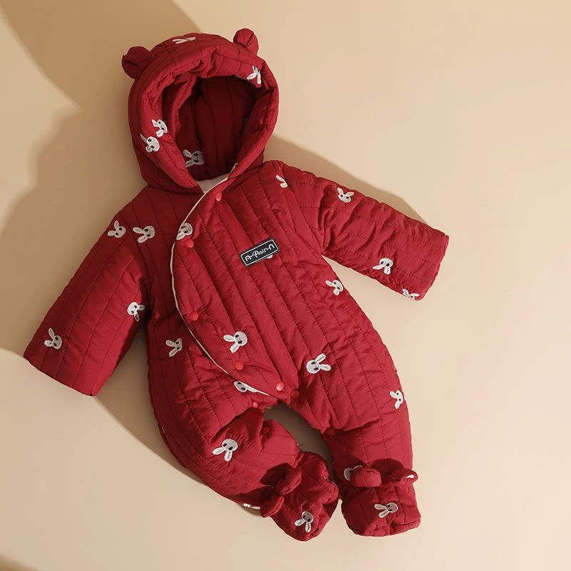 宝宝过年拜年衣服冬款喜庆加绒包脚婴儿服夹棉连体衣加厚外出抱衣