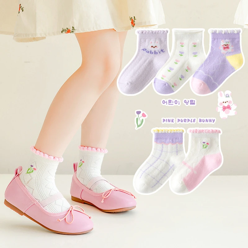 2024新款女童袜子夏季薄款儿童棉袜春夏网眼可爱小兔女孩透气短袜